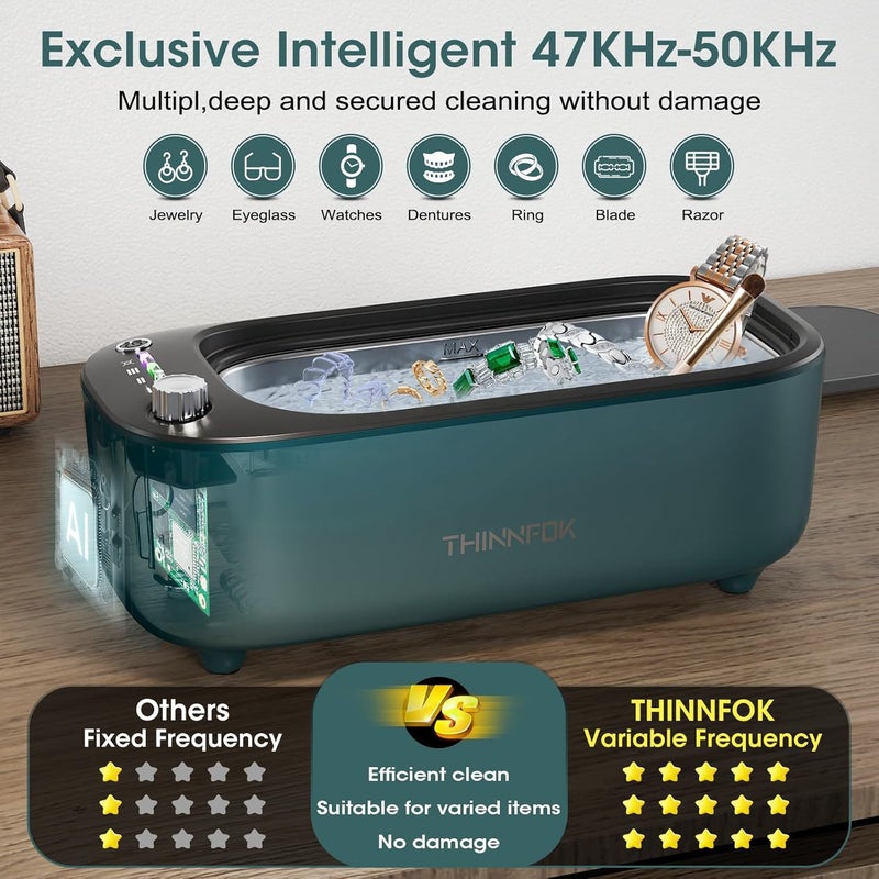 THINNFOK Store منظف مجوهرات بالموجات فوق الصوتية، آلة تنظيف المجوهرات بتردد متغير ذكي 47KHz - 50KHz، منظف صوتي احترافي مع UV للخواتم، النظارات، الساعات، أطقم الأسنان، المثبتات، الأقراط، القلائد - Image 3